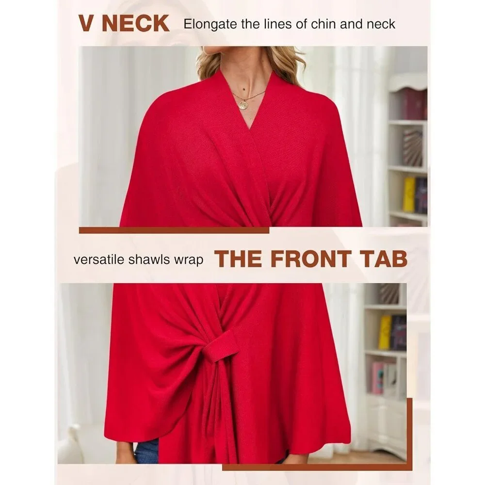 Women's Red Elegant Open Poncho Sweater For Spring Fall Winter Shawl Wraps